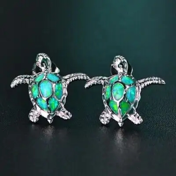 Elegant Green Fire Opal Sea Turtle Earrings - Picture 2 of 13